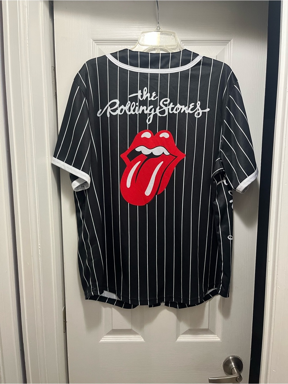 The Rolling Stones Black Pinstripe Baseball Jersey with Red Tongue Patch - Picture 2 of 3